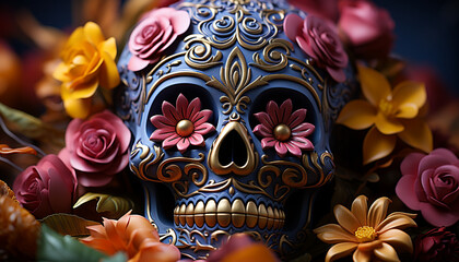 Poster - Day of the Dead celebration colorful masks, ornate decorations, smiling faces generated by AI