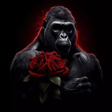 Illustration Of A Gorilla With A Red Rose On A Black Background. Generative Ai