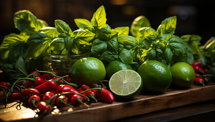 Poster - Freshness of organic fruit and vegetable on wooden table, healthy eating generated by AI