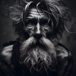 Portrait of a homeless man with a dirty beard. Generative AI.