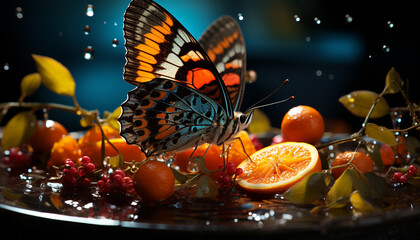 Poster - Close up of a vibrant, multi colored butterfly on a green leaf generated by AI