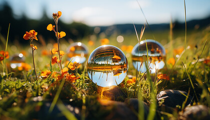 Canvas Print - Sunset meadow green grass, vibrant flowers, nature beauty reflected generated by AI