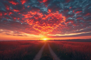 Wall Mural - Heart shaped cloud formation with a sunset and a pathway leading towards it.