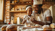 African family cooking baking cake or cookie in the kitchen together, Happy smiling Black son enjoys playing and touching his father nose with finger and flour while doing bakery at home. BeHealthy