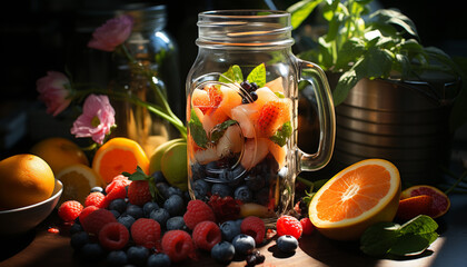 Poster - Freshness of summer fruits on a wooden table, healthy and delicious generated by AI