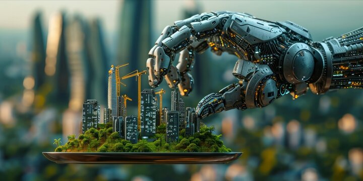 Robotic arm presenting a futuristic city model with skyscrapers and cranes.