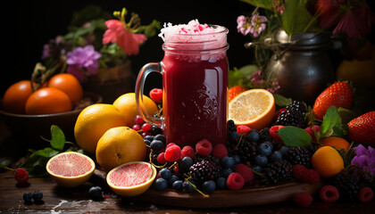 Sticker - Freshness of summer fruits on a wooden table, nature healthy eating generated by AI