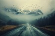 Surreal image of a road transforming into a mountain landscape with flying birds.
