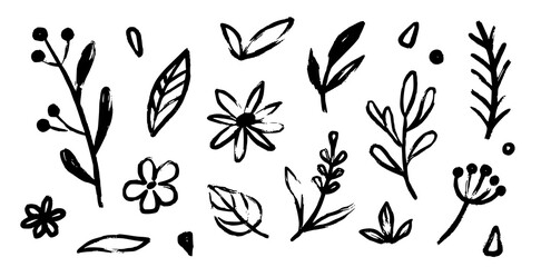 Flower doodle hand drawn line stroke. Sketch hand drawn spring floral plant, nature graphic leaf, scribble grunge brush texture. Vector simple flower, leaf brush stroke. Vector illustration
