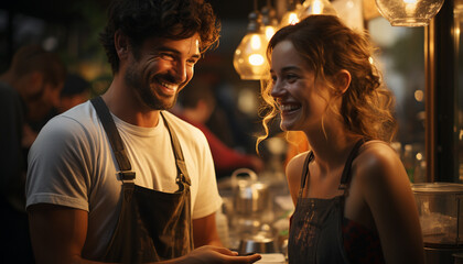 Poster - Young adults smiling, enjoying coffee in a casual coffee shop generated by AI