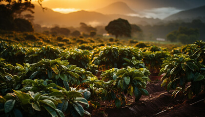 Canvas Print - Green leaves on a farm, nature freshness in rural landscape generated by AI