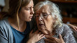 © Sasint - Senior woman suffering, clutching, and having difficulty breathing, chest pain, or heart attack daughter help and support her mother, life, and living insurance