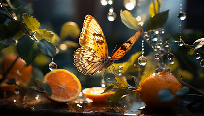 Canvas Print - Close up of a vibrant yellow lemon on a green leaf generated by AI