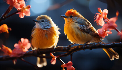 Canvas Print - A cute bird perching on a branch, surrounded by vibrant colors generated by AI