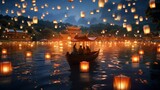 Fototapeta Londyn - Render a superyacht sailing through a field of floating lanterns on a peaceful lake at night.