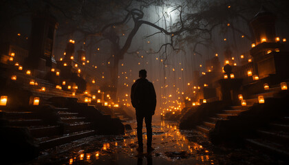 Poster - Silhouette of one person walking, illuminated by lantern flame generated by AI