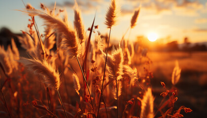 Poster - Sunset over meadow, golden wheat dances in vibrant summer sky generated by AI