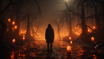 Poster - One person walking in the dark forest, surrounded by fog generated by AI