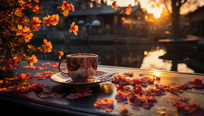 Poster - Wooden table, coffee cup, autumn leaf generated by AI