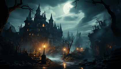 Wall Mural - Spooky Halloween night, dark horror, mystery in old graveyard generated by AI