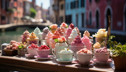 Wall Mural - Fresh fruit dessert on a wooden table, a summer indulgence generated by AI