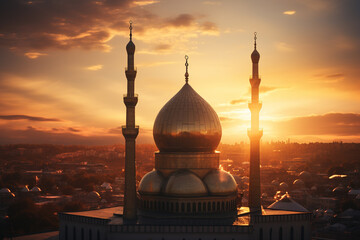 Wall Mural - Sunset view of Mosque illustration Ramadan Kareem Background