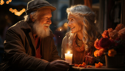 Poster - A loving couple enjoys a romantic candlelit night outdoors together generated by AI