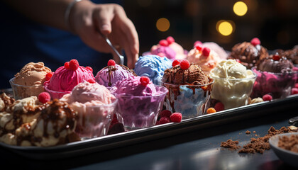 Poster - Homemade gourmet ice cream cone, decorated with fresh fruit and chocolate generated by AI