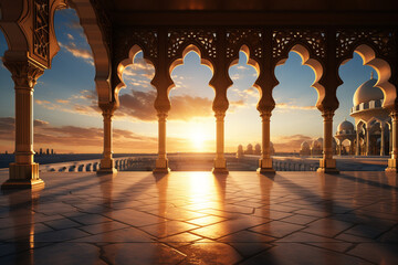 Wall Mural - Ramadan Kareem background with mosque and sunset.3D rendering