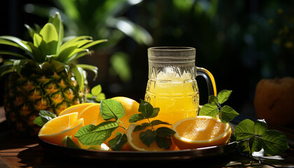 Poster - Freshness of summer fruit, yellow citrus slice on wooden table generated by AI