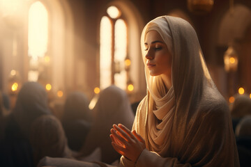 Wall Mural - Muslim woman praying in mosque at night. Ramadan Kareem celebration concept