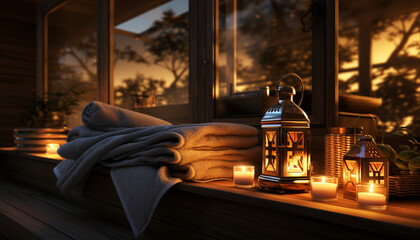 Sticker - A cozy winter night, candlelight glows, wood table, comfortable pillow generated by AI