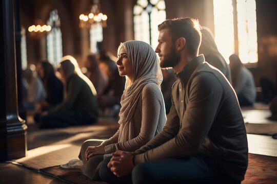 Muslim Women praying in the mosque. Ramadan Kareem background