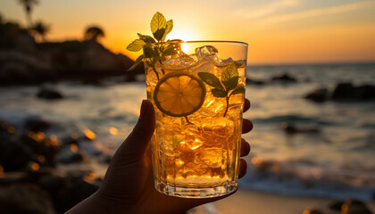 Canvas Print - Refreshing summer cocktail, ice cold mojito, enjoyed outdoors at sunset generated by AI