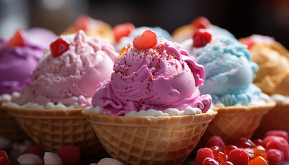 Poster - Fresh raspberry ice cream on wooden plate generated by AI