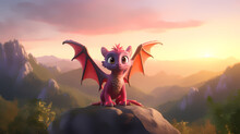 3d Of Cute Dragon On The Mountain, Illustration