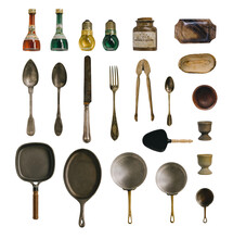 Vintage Kitchen Utensils And Silverware On Transparent Background.
