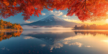 Colorful Autumn Season And Mountain Fuji, Morning Fog And Red Leaves At Lake Kawaguchiko.