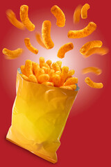 Wall Mural - Puffed corn snacks cheesy chips fly out of plastic snack bags isolated on red background, Puff corn or Corn puffs cheese flavor on red With clipping path.