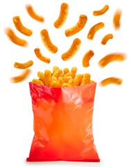 Wall Mural - Puffed corn snacks cheesy chips fly out of plastic snack bags isolated on white background, Puff corn or Corn puffs cheese flavor on white, With clipping path.