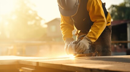 Young carpenter works with wooden boards on workbench in furniture making workshop