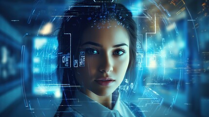 Concept of future technology or entertainment system, virtual reality. Female portrait lit by HUD interface. technology concept.