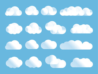 Wall Mural - set of gradient cartoon clouds in a flat design. abstract white cloudy set isolated on blue backgrou
