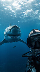 Wall Mural - scuba diver taking a selfie, with a shark