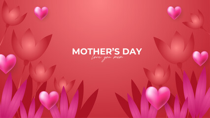 Wall Mural - Pink red and white happy mothers day background with flowers and hearts. Vector illustration. Happy mothers day event poster for greeting design template and mother's day celebration