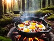Delicious camping breakfast featuring sizzling bacon and perfectly cooked eggs in a rustic cast iron skillet, creating a mouthwatering outdoor dining experience amidst the serene campsite setting.