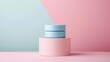 Delicate pale pink and blue cosmetics packaging container for skincare fragrance or toiletry industries on pastel background. Mockup for beauty product concept.