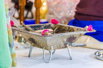 Indian Hindu wedding ceremony ritual items close up