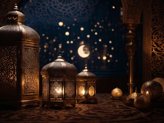 Wall Mural - Ramadan background design with moon, mosque, leant,