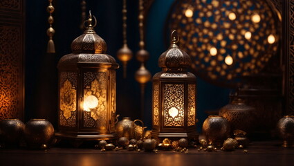 Wall Mural - Ramadan background design with moon, mosque, leant,